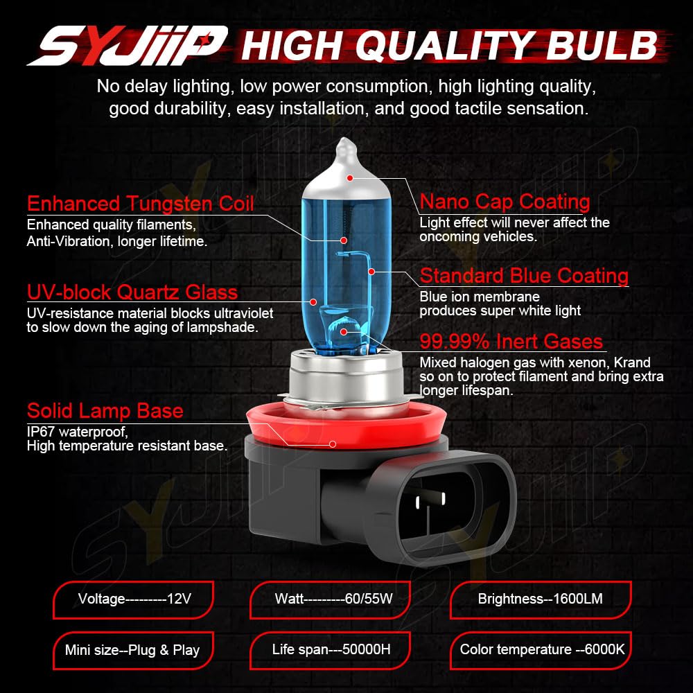 SYJIIP Upgraded Halogen Headlight Bulbs H9/H11 High Low Beam 6000K White Lights, Pack of 4 for Dodge Grand Caravan 2011-2020