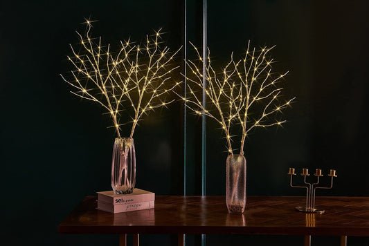 Fudios Lighted Branches 30IN Tall Birch Twig Lights, 100 LED, White, 2 Sets, Battery Operated for Indoor/Outdoor Holiday Decor